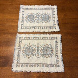 Vintage Austrian placemats cotton linen cream blue fringe set of 2 embroidered